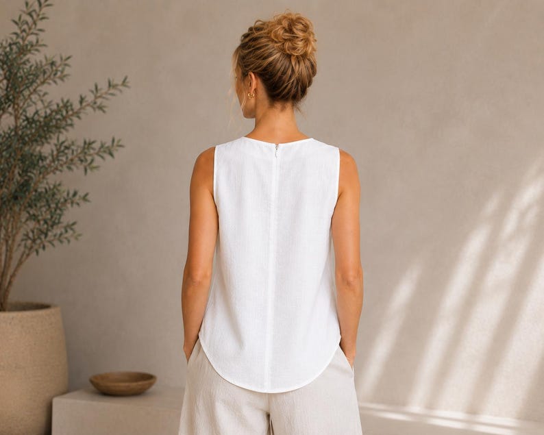 May include: A sleeveless white top featuring a round neckline and a vertical center seam on the back. The garment has a curved hemline and a concealed zipper closure positioned along the upper back, providing a clean and structured appearance.