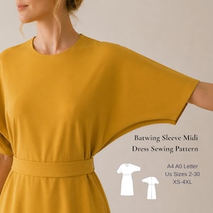Może przedstawiać: Musztardowa sukienka midi z rękawami typu nietoperz i zaznaczoną talią. Tekst głosi: Batwing Sleeve Midi Dress Sewing Pattern, A4 A0 Letter, US Sizes 2-30, XS-4XL. Zawiera biały rysunek liniowy przedstawiający sylwetkę sukienki.