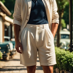 Op de afbeelding: Een man draagt een wit linnen blazer over een donkerblauw poloshirt en een beige geplisseerde korte broek.