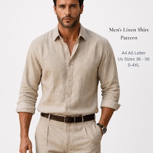 May include: A beige long-sleeved linen shirt with a collar and front button closure. Text on the right reads: Men's Linen Shirt Pattern, A4 A0 Letter, Us Sizes 36 - 56, S-4XL. The shirt is worn tucked into matching beige trousers with a dark brown belt.