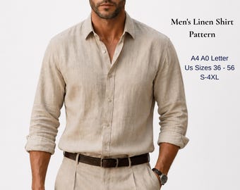 May include: A beige long-sleeved linen shirt with a collar and front button closure. Text on the right reads: Men's Linen Shirt Pattern, A4 A0 Letter, Us Sizes 36 - 56, S-4XL. The shirt is worn tucked into matching beige trousers with a dark brown belt.