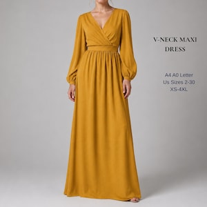 長袖マキシドレスの型紙、ラップVネック、コテージコア・ボヘミアンスタイル（PDFダウンロード） 画像 1