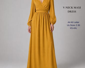 Long Sleeve Maxi Dress Sewing Pattern, Wrap V Neck, Cottagecore Boho Style (PDF Download)