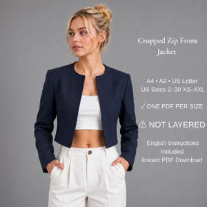 Cropped Jacket Sewing Pattern PDF, Open Front Short Blazer, Collarless Long Sleeve Jacket, Women XS-4XL, A4 A0 US Letter