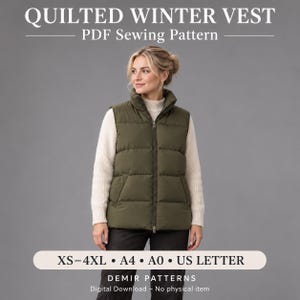 Quilted Vest Sewing Pattern PDF, Women Puffer Gilet, Stand Collar Zip Front Winter Vest, XS-4XL, A4 A0 US Letter