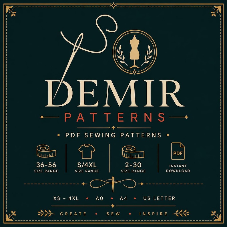 May include: A dark green graphic featuring the text DEMIR PATTERNS in gold, with a needle and thread icon, a dress form, and icons for PDF sewing patterns. It lists size ranges 36-56, S/4XL, 2-30, and formats XS-4XL, A0, A4, and US Letter.