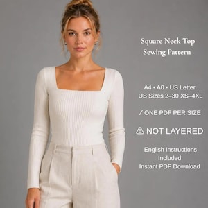 Square Neck Top Sewing Pattern PDF, Long Sleeve Knit Top Pattern, Fitted Women's Blouse, XS-4XL, A4 A0 US Letter