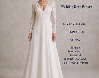 Wedding Dress Sewing Pattern PDF | Lace Bridal Gown Pattern | Long Sleeve V Neck Wedding Dress | A4 A0 US Letter | XS-4XL | Instant Download
