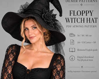 Floppy Witch Hat Sewing Pattern, Halloween Costume Hat PDF, Gothic Witch Hat, Adult Sizes 56 58 60 cm, A4 US Letter A0