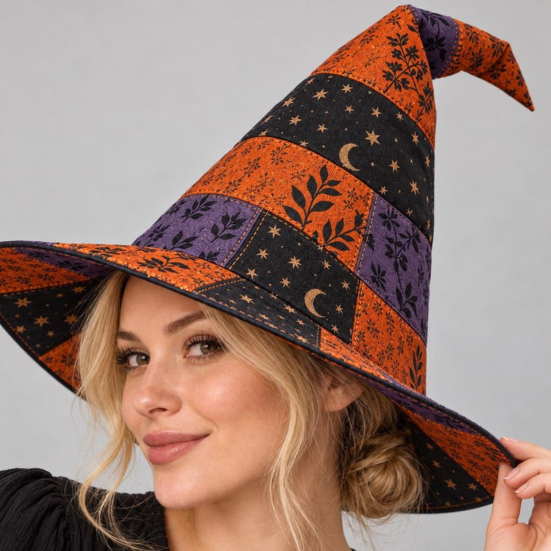 May include: A pointed hat featuring a patchwork design of orange, black, and purple fabric panels. The orange sections display a black leaf pattern, while the black sections are decorated with gold-colored crescent moons and small stars.