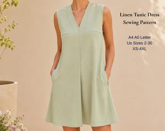Womens Linen Tunic Dress Sewing Pattern, Sleeveless V-Neck A-Line (Digital Download)