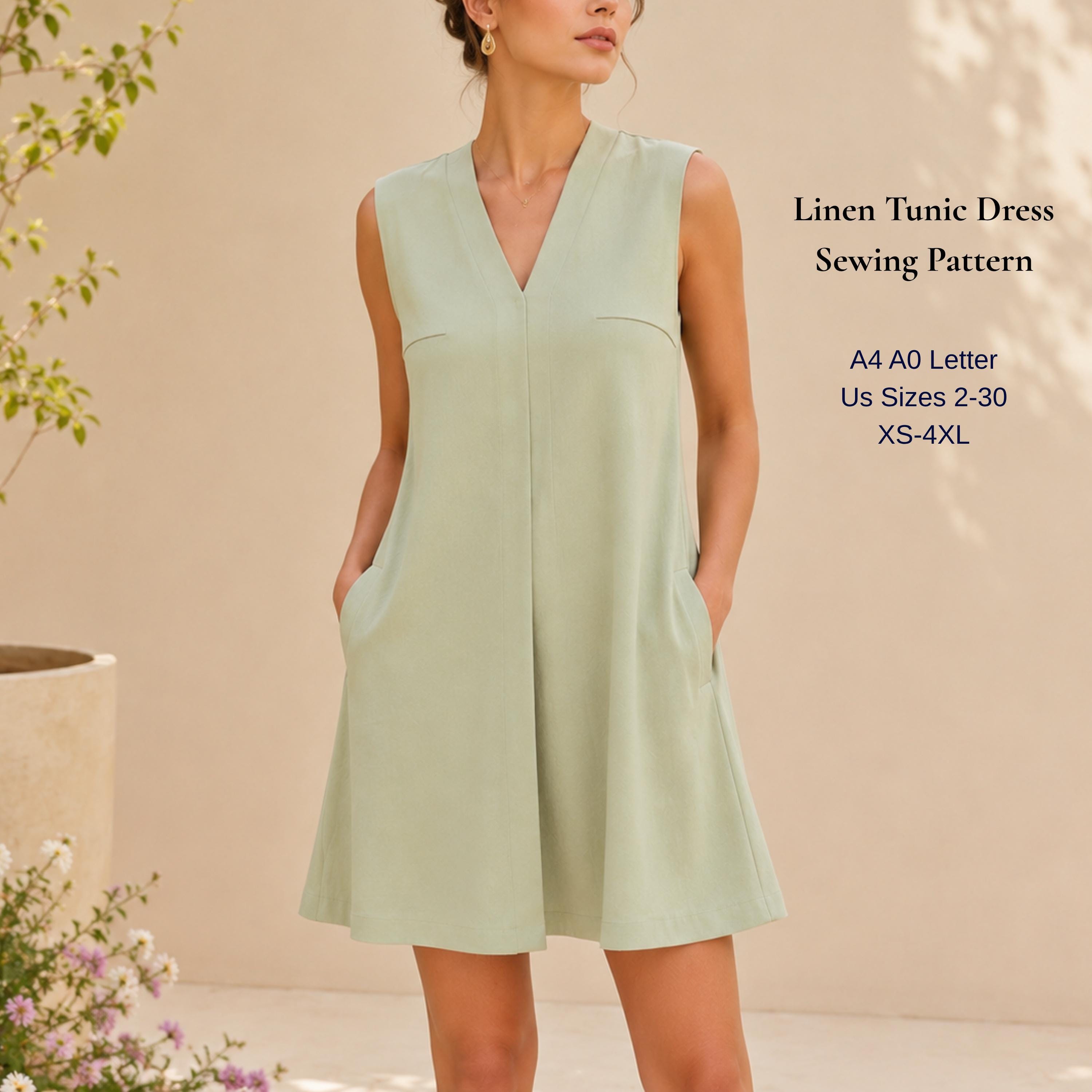 linen tunic dress sewing pattern Linen Tunic Dress Sewing Pattern, Minimalist Sleeveless Summer PDF