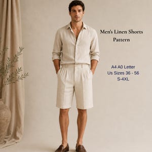 Op de afbeelding: Een beige linnen overhemd en bijpassende short met plooien. De tekst rechts luidt: Men's Linen Shorts Pattern, A4 A0 Letter, US Sizes 36 - 56, S-4XL. De outfit heeft een overhemd met kraag, lange mouwen en knielange shorts met een vouw.