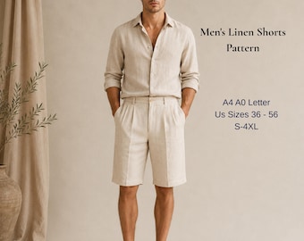 Könnte beinhalten: Ein beiges Leinenhemd und eine passende Bundfaltenhose. Der Text rechts lautet: Men's Linen Shorts Pattern, A4 A0 Letter, US Sizes 36 - 56, S-4XL. Das Outfit besteht aus einem Hemd mit Kragen, langen Ärmeln und knielangen Shorts mit Bügelfalte.