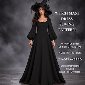 Peut inclure: Une robe longue noire à manches bouffantes et encolure dégagée, portée avec un chapeau de sorcière. Texte : WITCH MAXI DRESS SEWING PATTERN, A4, A0, US Letter, US Sizes 2-30 XS-4XL, ONE PDF PER SIZE, NOT LAYERED, English Instructions Included.