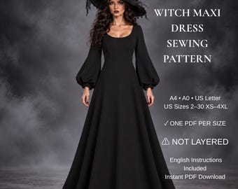 Witch Maxi Dress Sewing Pattern, Gothic Long Dress PDF Pattern, Bishop Sleeve Halloween Dress, Women XS-4XL, A4 A0 US Letter