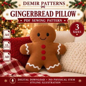 Könnte beinhalten: Ein braunes Lebkuchenmann-Kissen mit schwarzen Augen, einem aufgestickten Lächeln, drei roten runden Knöpfen und weißem, wellenförmigem Zuckerguss an Armen und Beinen. Der Text lautet DEMIR PATTERNS GINGERBREAD PILLOW PDF SEWING PATTERN 3 SIZES.
