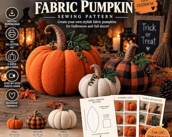 May include: A digital sewing pattern for fabric pumpkins featuring text labels for small, medium, and large sizes ranging from 10 to 25 cm. The image displays three finished fabric pumpkins in orange, white, and black-orange plaid patterns.