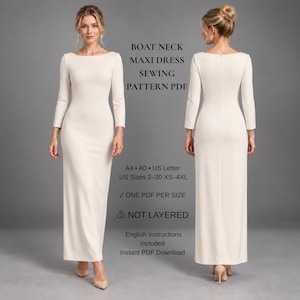 Pode incluir: Um molde de costura digital para um vestido longo cor de creme de manga comprida com decote canoa. O texto diz: BOAT NECK MAXI DRESS SEWING PATTERN PDF, A4, A0, US Letter, US Sizes 2-30 XS-4XL, ONE PDF PER SIZE, NOT LAYERED, English Instructions Included.