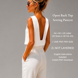 Cartamodello per top con schiena scoperta, camicetta estiva senza maniche in formato PDF, elegante canotta senza schienale, taglie dalla XS alla 4XL