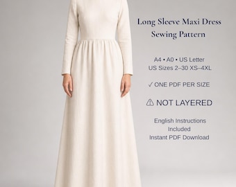 Naaipatroon PDF voor een maxi-jurk met lange mouwen | A-lijn jurk met geplooide taille | Bescheiden jurk voor dames | XS-4XL | A4 A0 US Letter