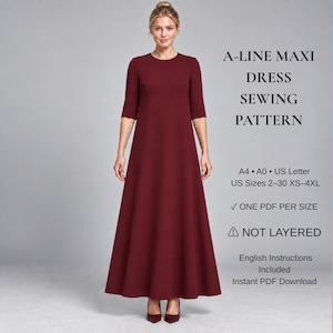 Può includere: Un abito lungo bordeaux a trapezio con maniche a gomito e scollo rotondo. Il testo recita: A-LINE MAXI DRESS SEWING PATTERN, A4, A0, US Letter, US Sizes 2-30 XS-4XL, ONE PDF PER SIZE, NOT LAYERED, English Instructions Included, Instant PDF Download.