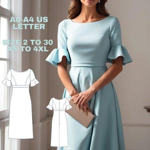 Patrón de costura para elegante vestido midi: mangas con vuelo y cuerpo ajustado, descarga en PDF, tallas XS a 4XL, tamaño A0, A4, carta estadounidense.