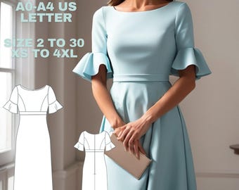 Midi Dress Sewing Pattern: Flutter Sleeves, Fitted Bodice (PDF Download)
