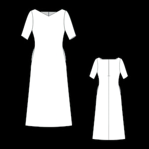 May include: A white dress with short sleeves, a V-neckline, and a floor-length skirt, shown from both the front and back views. The garment features a fitted bodice and a straight silhouette, presented as a flat technical line drawing on a black background.