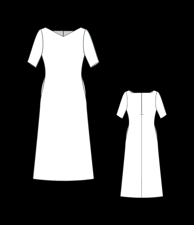 May include: A white dress with short sleeves, a V-neckline, and a floor-length skirt, shown from both the front and back views. The garment features a fitted bodice and a straight silhouette, presented as a flat technical line drawing on a black background.
