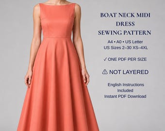 Schnittmuster für ein Midikleid mit U-Boot-Ausschnitt (PDF) | Ärmelloses, ausgestelltes Kleid | Vintage-A-Linien-Kleid | XS-4XL | A4, A0, US Letter