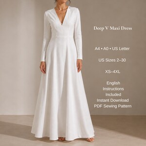 Patrón de costura en PDF para vestido largo con escote en V profundo, vestido de manga larga corte A, elegante vestido de noche, tallas XS-4XL, tamaño A4/A0 (tamaño carta estadounidense).