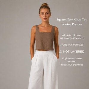 Square Neck Crop Top Sewing Pattern PDF | Sleeveless Linen Tank Top | Women’s Summer Blouse | XS-4XL | A4 A0 US Letter