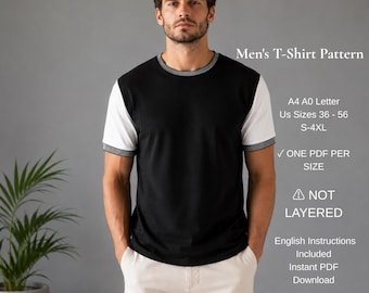 Men's Color Block T-Shirt Sewing Pattern PDF | Crew Neck Tee Pattern | Casual Knit Shirt | XS-4XL | A4 A0 US Letter