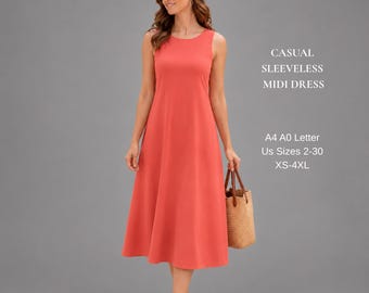 Sleeveless Midi Dress Sewing Pattern PDF, A Line Summer Dress Pattern, Casual Linen Dress, Women's Maxi Dress, XS-4XL, A4 A0 US Letter