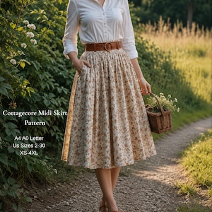 Cottagecore Midi Skirt Sewing Pattern | Vintage Circle Skirt PDF Pattern | High Waist Floral Skirt | Women's Skirt Pattern XS-4XL