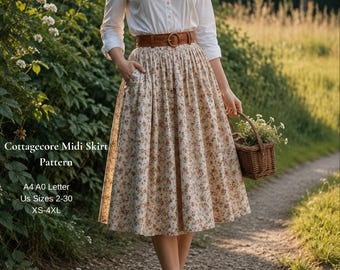 Cottagecore Midi Skirt Sewing Pattern | Vintage Circle Skirt PDF Pattern | High Waist Floral Skirt | Women's Skirt Pattern XS-4XL