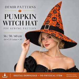 Peut inclure: Un chapeau de sorcière pointu en tissu orange avec un motif de citrouilles et de vignes noires, doté d'un large bord et d'une bande noire avec une boucle rectangulaire. Le texte indique DEMIR PATTERNS PUMPKIN WITCH HAT PDF SEWING PATTERN 56 / 58 / 60 cm.