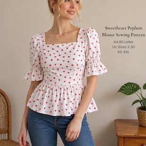 May include: A white peplum blouse with a red heart pattern, featuring a square neckline and short puff sleeves. The text reads: Sweetheart Peplum Blouse Sewing Pattern, A4 A0 Letter, US Sizes 2-30, XS-4XL. The blouse is paired with blue denim jeans.