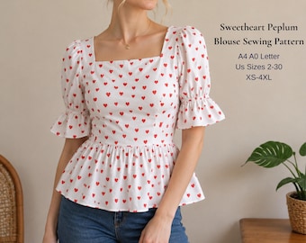 Square Neck Peplum Blouse Sewing Pattern | Puff Sleeve Top PDF Pattern | Women's Cottagecore Blouse XS-4XL | Instant Download