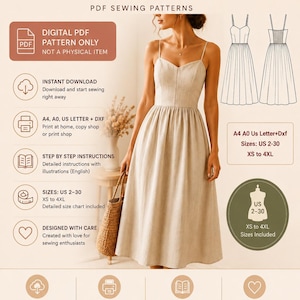 May include: A digital PDF sewing pattern for a midi-length dress with spaghetti straps and a fitted bodice. The listing includes instructions for US sizes 2-30 and XS to 4XL, with printable formats for A4, A0, US Letter, and DXF files for home or shop printing.