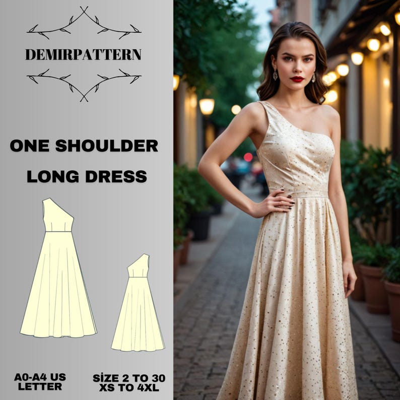 May include: A one-shoulder long dress in a shimmering gold fabric with a subtle pattern. The image includes the text DEMIRPATTERN, ONE SHOULDER LONG DRESS, A0-A4 US LETTER, and SIZE 2 TO 30 XS TO 4XL, alongside two yellow line-art dress sketches.