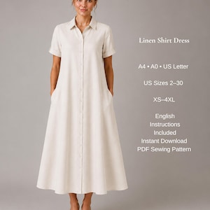 Linen Shirt Dress Sewing Pattern PDF | Button Front Maxi Dress | Women's Collar Dress | A4 A0 US Letter | XS-4XL | Instant Download