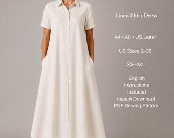Molde em PDF para Vestido Camisa de Linho | Vestido Maxi com Botões Frontais | Vestido Feminino com Gola | Tamanhos A4, A0 e Carta (EUA) | PP ao 4XG | Download Imediato