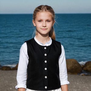 Puede incluir: Una persona joven lleva un chaleco negro sin mangas con botones blancos sobre una camisa blanca de manga larga. La persona está de pie frente a una masa de agua azul.