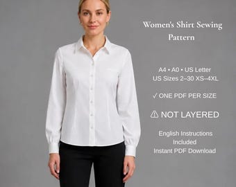 Puede incluir: Una camisa blanca de manga larga con cuello y bolsillo en el pecho. El texto dice: Shirt Sewing Pattern, A4, A0, US Letter, US Sizes 2-30 XS-4XL, ONE PDF PER SIZE, NOT LAYERED, English Instructions Included, Instant PDF Download.
