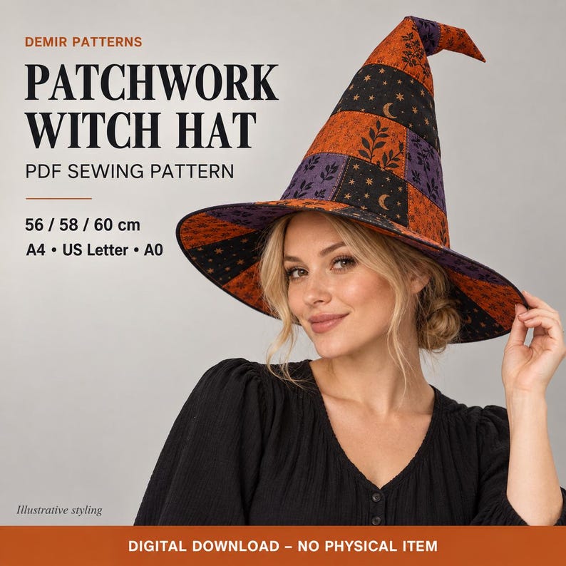 May include: A patchwork witch hat featuring orange and purple fabric panels with black leaf, moon, and star patterns. Text reads: DEMIR PATTERNS PATCHWORK WITCH HAT PDF SEWING PATTERN 56 / 58 / 60 cm A4 &bull; US Letter &bull; A0. Digital download, no physical item.