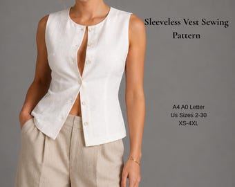 Puede incluir: Un chaleco blanco sin mangas con cierre de botones frontal, combinado con pantalones beige. El texto a la derecha dice: Sleeveless Vest Sewing Pattern, A4 A0 Letter, US Sizes 2-30, XS-4XL. La prenda presenta un cuello redondo y un corte entallado.