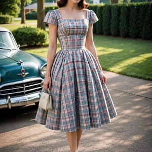 1950s Plaid Dress Sewing Pattern PDF | Square Neck Fit and Flare Dress | Vintage Dress | XS-4XL | A4 A0 US Letter