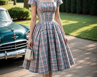 Schnittmuster für ein kariertes Kleid im Stil der 1950er Jahre (PDF) | Figurbetontes Kleid mit eckigem Ausschnitt | Vintage-Kleid | XS-4XL | A4, A0, US Letter